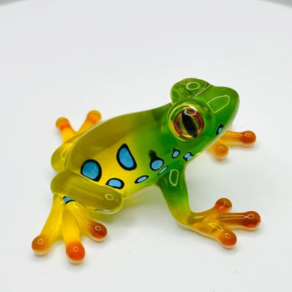 Glass Spotted Frog Figurine Green Yellow Decor